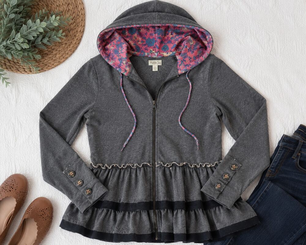 Matilda Jane Medium Ruffle Hem Zip Hoodie Floral Lined Hood Boho Cottagecore